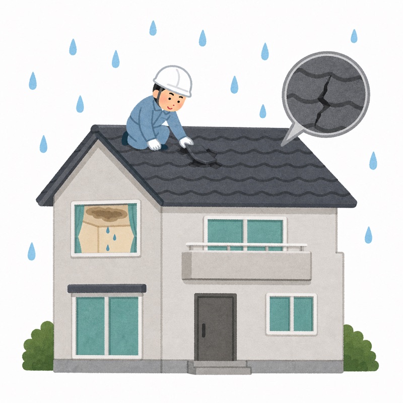 雨の中、屋根の傷みを調べる雨漏り修理業者のイラスト